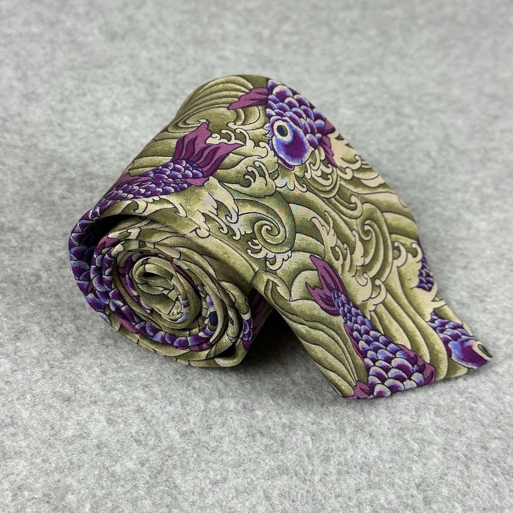 Vintage Perry Ellis Handmade USA Silk Fish Koi Art Necktie Purple Green 57x3.5"